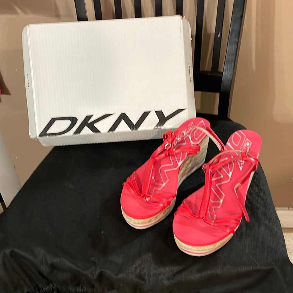 Coral and beige DKNY wedges